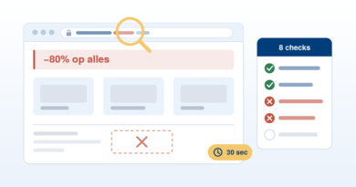 Webshop met 80 procent korting en ontbrekende bedrijfsgegevens, naast een checklist