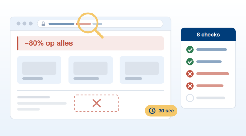 Webshop met 80 procent korting en ontbrekende bedrijfsgegevens, naast een checklist