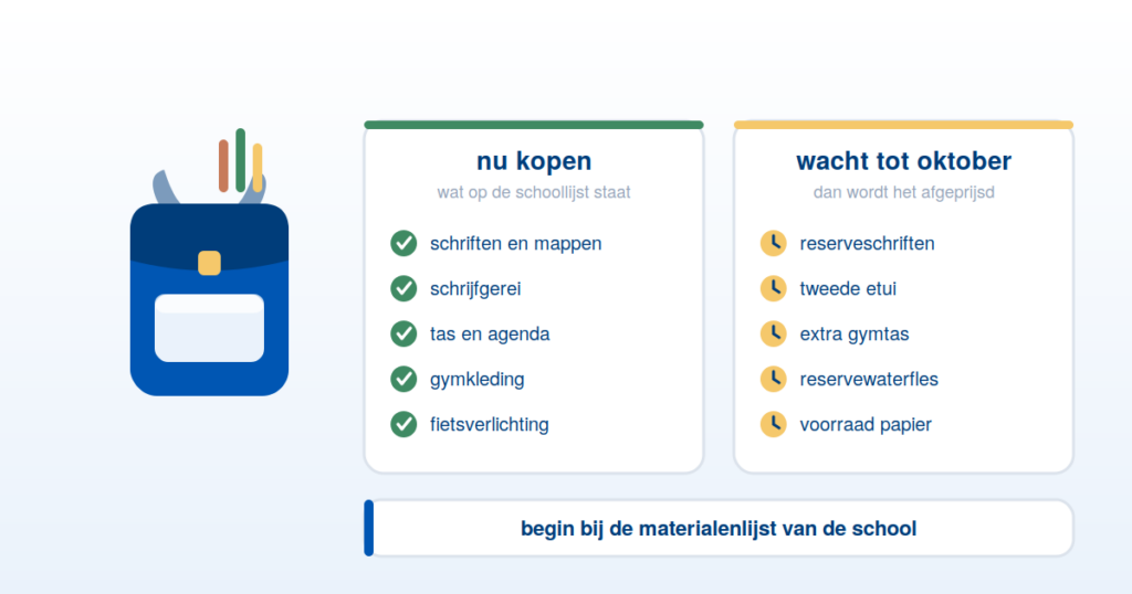 Schoolspullen verdeeld in wat je nu koopt en wat kan wachten tot oktober